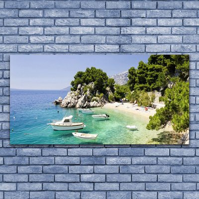 Image sur verre acrylique Mer rochers plage bateau paysage bleu blanc vert gris