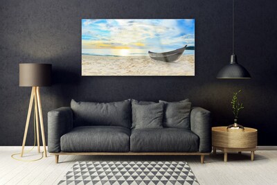 Image sur verre acrylique Plage bateau paysage gris brun
