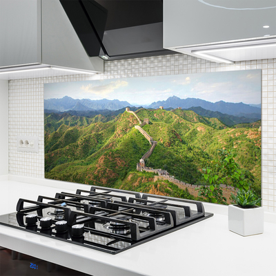 Crédence de cuisine en verre Grande muraille de chine montagnes paysage vert bleu brun