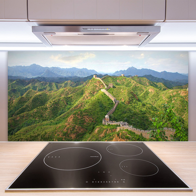 Crédence de cuisine en verre Grande muraille de chine montagnes paysage vert bleu brun