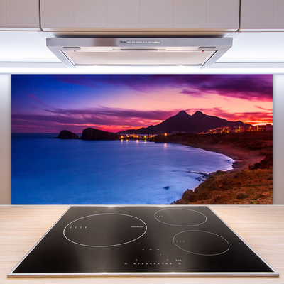 Crédence de cuisine en verre Mer plage montagnes paysage bleu brun violet rose