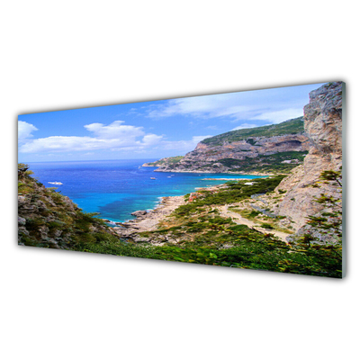 Crédence de cuisine en verre Mer plage montagnes paysage bleu gris brun vert