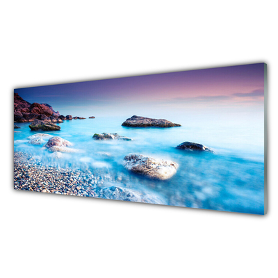 Crédence de cuisine en verre Mer pierres plage paysage bleu gris rose