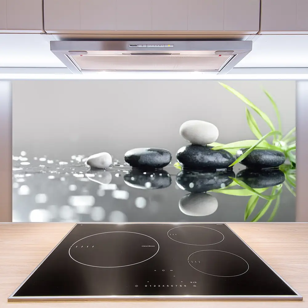 Crédence De Cuisine En Verre 125x50 Cm - Motif Art Pierres Herbe - Style Moderne Noir Et Vert - Tulup