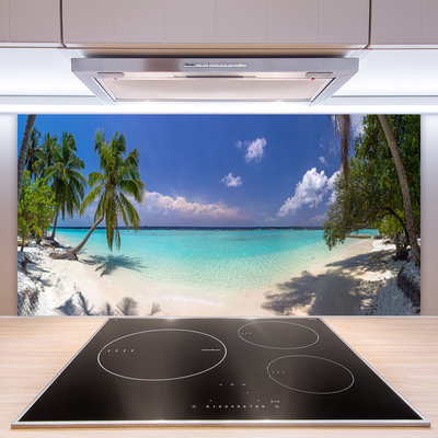 Crédence de cuisine en verre Mer plage palmiers paysage blanc bleu vert brun