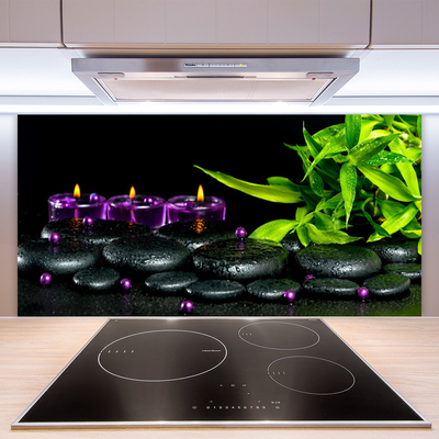 Crédence de cuisine en verre Bougie pierres feuilles art noir vert violet