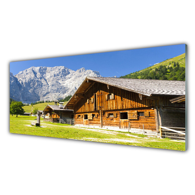 Crédence de cuisine en verre Maison montagnes paysage brun blanc gris vert