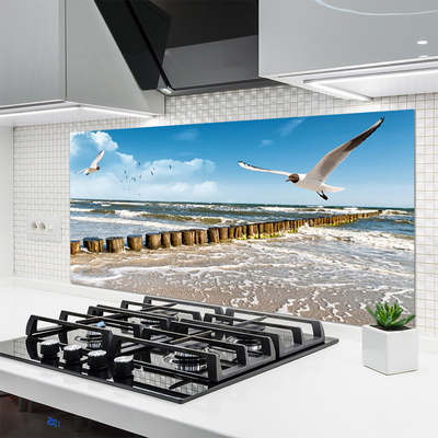 Panneaux de cuisine en verre Mouettes mer paysage gris bleu blanc