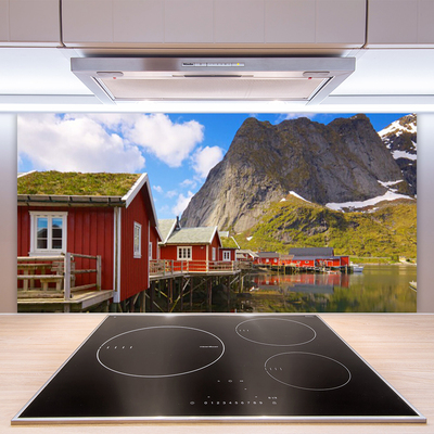 Panneaux de cuisine en verre Maisons lac montagne paysage brun blanc vert gris