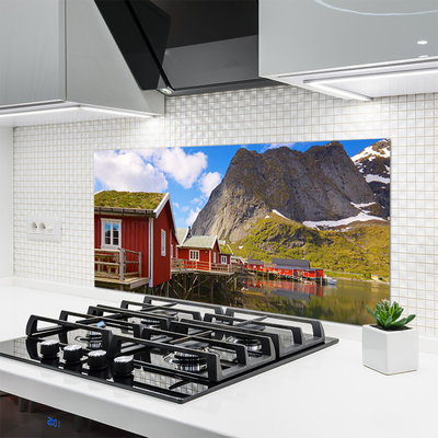 Panneaux de cuisine en verre Maisons lac montagne paysage brun blanc vert gris