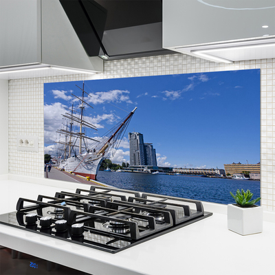 Panneaux de cuisine en verre Bateau mer ville paysage blanc brun bleu