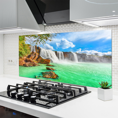 Panneaux de cuisine en verre Chute d'eau lac paysage bleu brun blanc vert