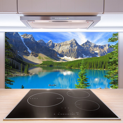 Panneaux de cuisine en verre Lac montagnes forêt paysage bleu vert gris blanc