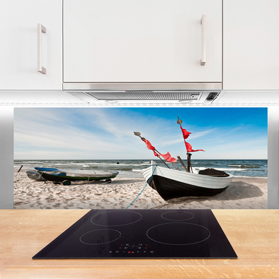 Panneaux de cuisine en verre Bateaux plage paysage blanc noir brun bleu