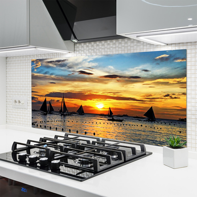 Panneaux de cuisine en verre Bateaux mer soleil paysage bleu jaune noir gris