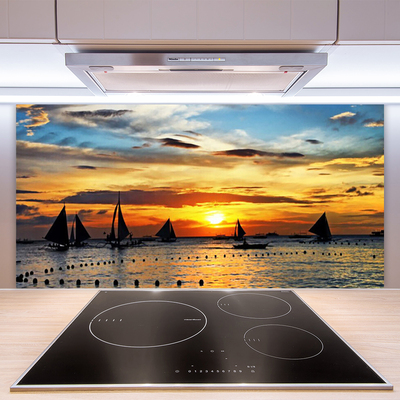 Panneaux de cuisine en verre Bateaux mer soleil paysage bleu jaune noir gris