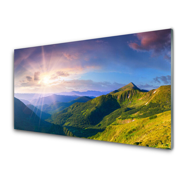 Panneaux de cuisine en verre Montagnes prairie soleil paysage jaune gris vert violet