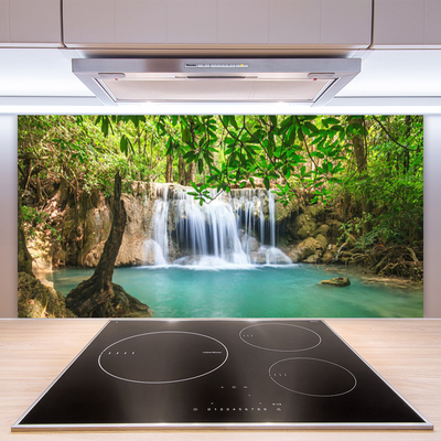 Panneaux de cuisine en verre Cascade lac forêt nature brun vert bleu blanc