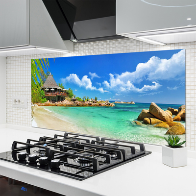 Panneaux de cuisine en verre Plage pierres mer paysage blanc bleu brun