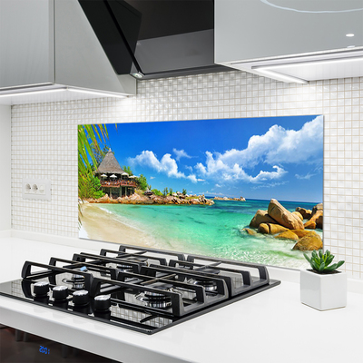 Panneaux de cuisine en verre Plage pierres mer paysage blanc bleu brun