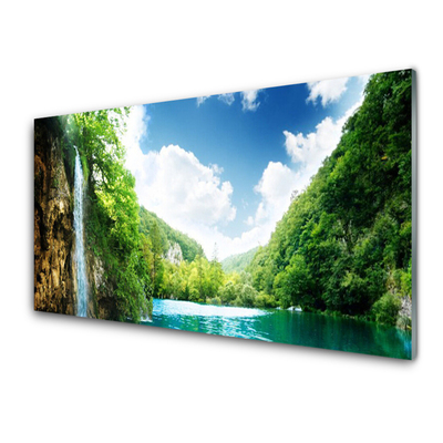 Panneaux de cuisine en verre Forêt montagnes lac nature brun vert bleu