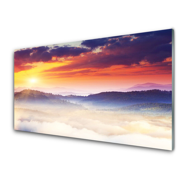 Panneaux de cuisine en verre Montagne soleil paysage jaune violet blanc