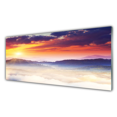 Panneaux de cuisine en verre Montagne soleil paysage jaune violet blanc