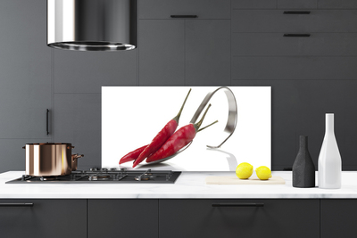 Panneaux de cuisine en verre Cuillère chili cuisine rouge argent