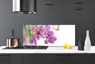 Panneaux de cuisine en verre Papillons fleurs nature jaune rose gris