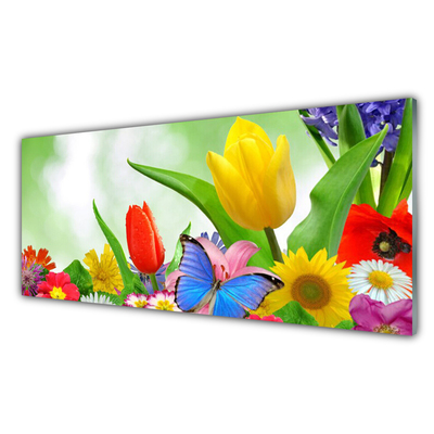 Panneaux de cuisine en verre Fleurs papillon nature multicolore