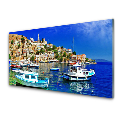 Panneaux de cuisine en verre Bateaux ville mer paysage bleu blanc brun vert