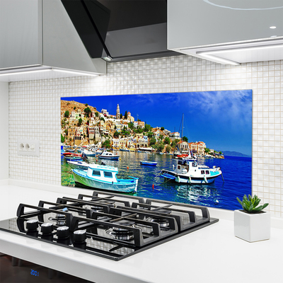 Panneaux de cuisine en verre Bateaux ville mer paysage bleu blanc brun vert