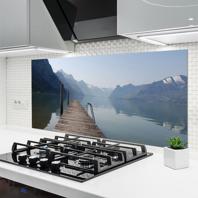 Panneaux de cuisine en verre Montagne lac pont architecture gris vert brun