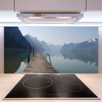 Panneaux de cuisine en verre Montagne lac pont architecture gris vert brun