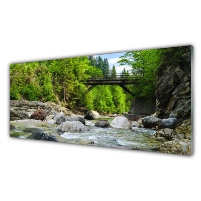 Panneaux de cuisine en verre Forêt pierres pont lac paysage brun vert gris