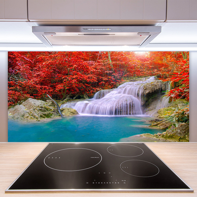 Panneaux de cuisine en verre Cascade lac forêt nature blanc bleu orange