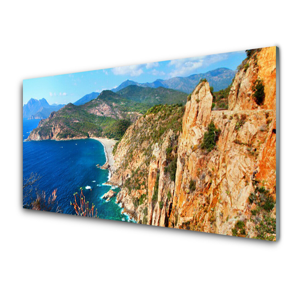 Panneaux de cuisine en verre Montagnes mer paysage jaune gris bleu vert