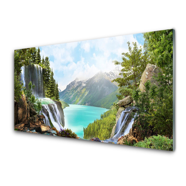 Panneaux de cuisine en verre Cascade montagne baie nature gris bleu vert brun