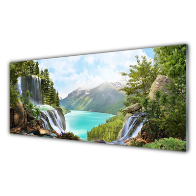 Panneaux de cuisine en verre Cascade montagne baie nature gris bleu vert brun