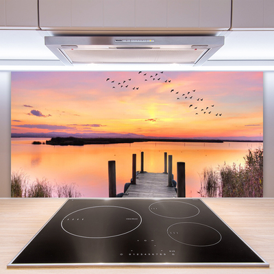 Panneaux de cuisine en verre Pont mer paysage jaune rose gris
