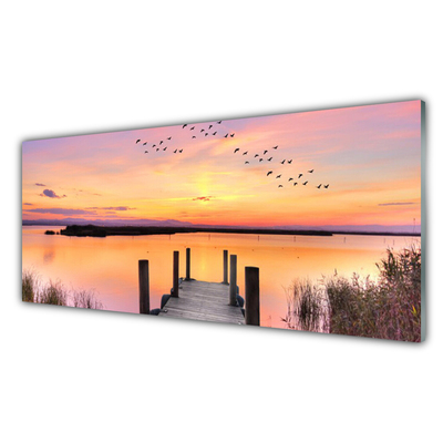 Panneaux de cuisine en verre Pont mer paysage jaune rose gris