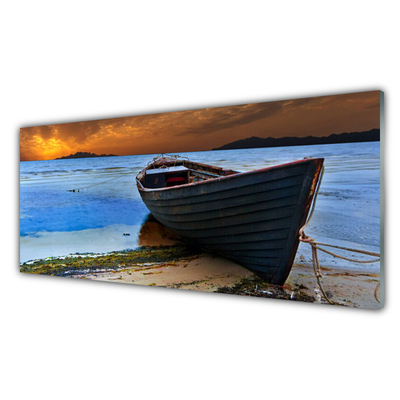 Panneaux de cuisine en verre Mer bateau plage paysage vert brun gris bleu