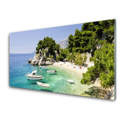 Panneaux de cuisine en verre Mer rochers plage bateau paysage bleu blanc vert gris