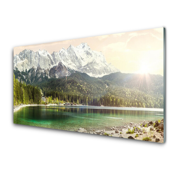 Panneaux de cuisine en verre Forêt montagnes lac paysage blanc gris vert