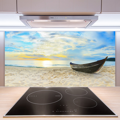 Panneaux de cuisine en verre Plage bateau paysage gris brun