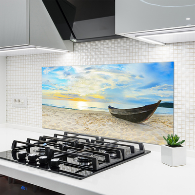 Panneaux de cuisine en verre Plage bateau paysage gris brun