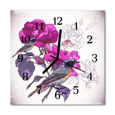Horloge murale en verre Oiseaux fleurs