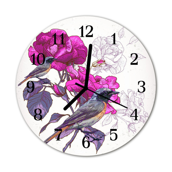 Horloge murale en verre Oiseaux fleurs