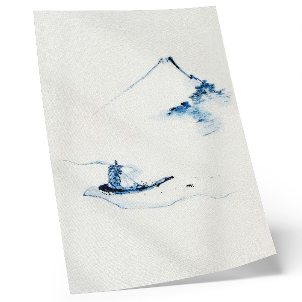 Décoration murale Homme dans une petite barque sur une rivière avec le mont Fuji en arrière-plan (1830-1850) par Hokusai