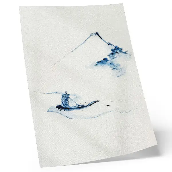 Décoration murale homme dans une petite barque sur une rivière avec le mont Fuji en arrière-plan d'après Hokusai (1830-1850)
